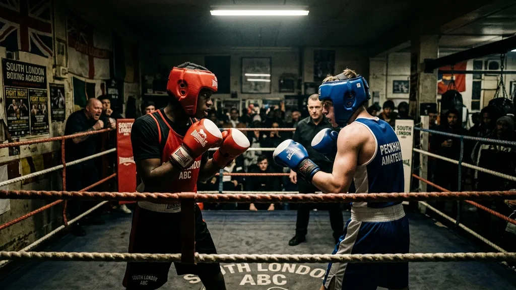 Two amateur boxers in headguards squaring up at a community boxing show