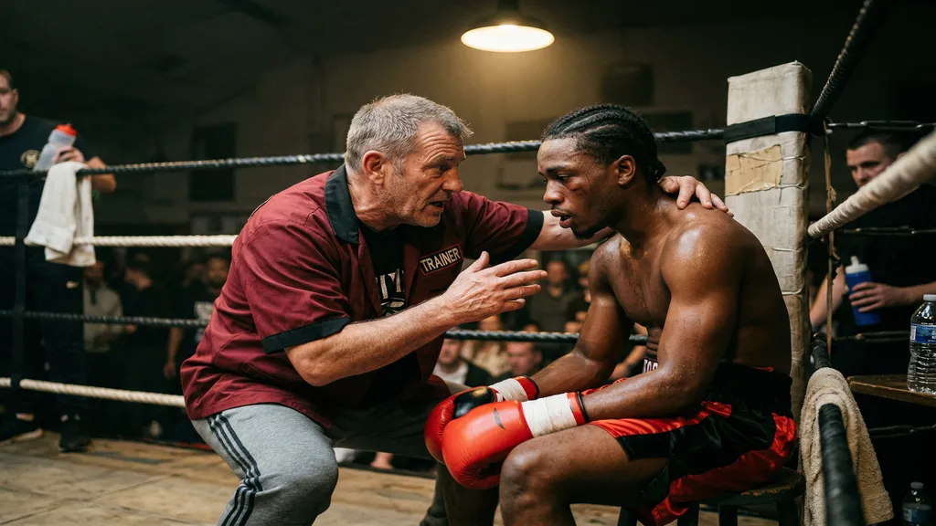 Boxing coach giving corner advice to an amateur boxer between rounds at a club show
