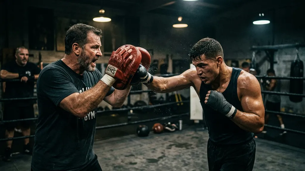 Professional boxing trainer holding focus mitts in a dark gym, training session in progress