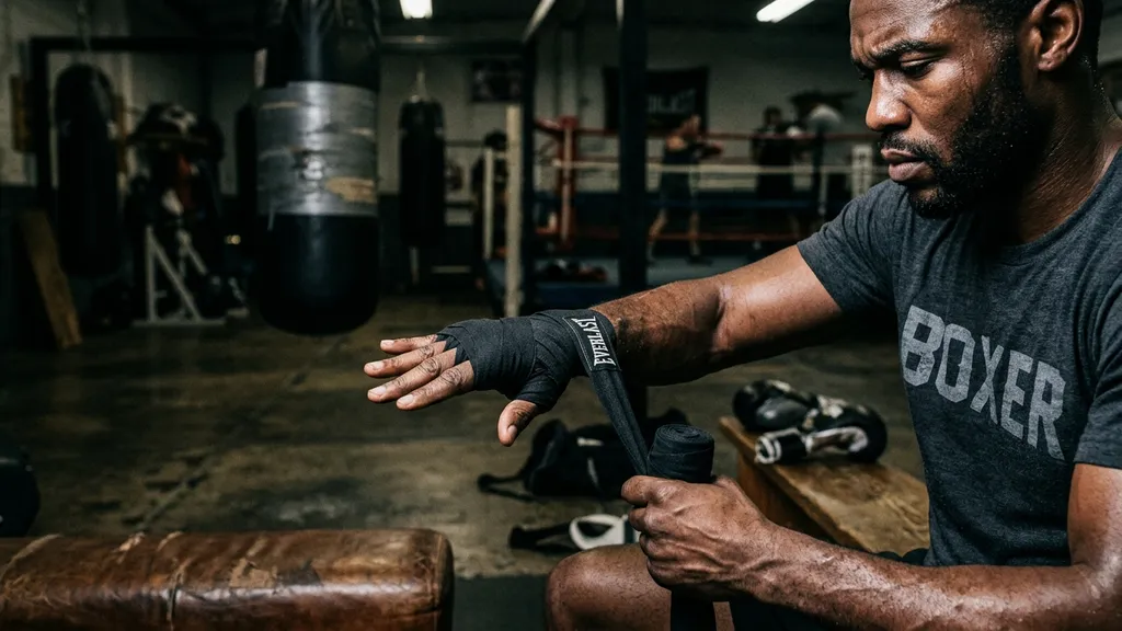 Boxer carefully wrapping hands before a training session, focused preparation ritual