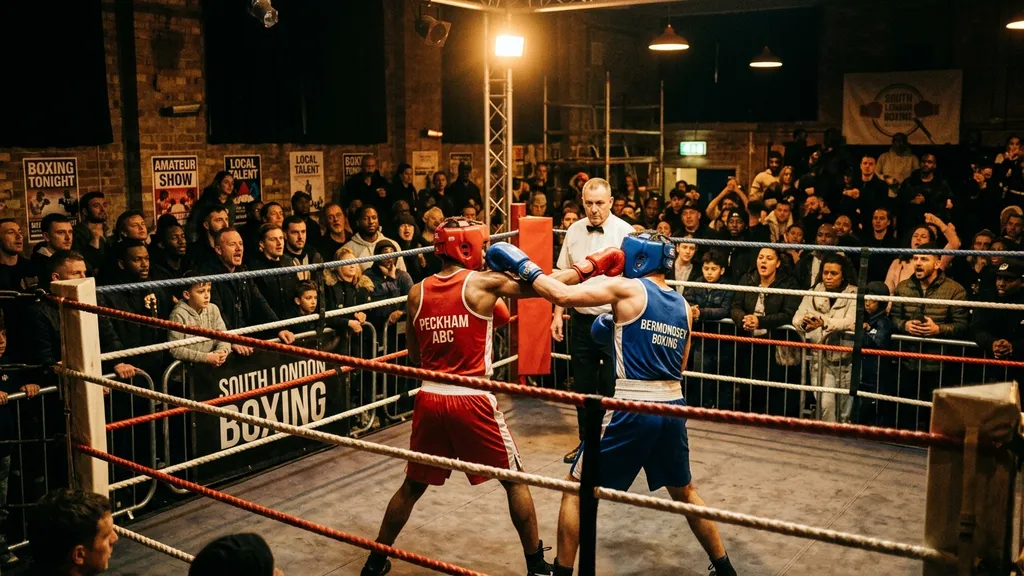 Amateur boxing club show with crowd watching two competitors in the ring, South London venue