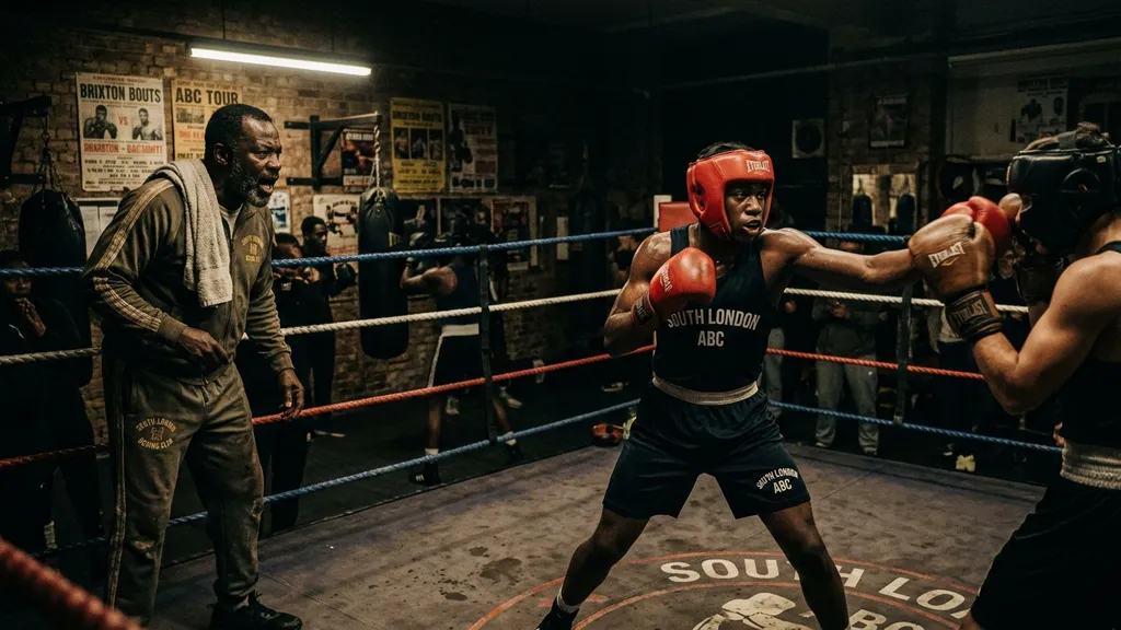 Young boxer sparring in a community gym with coach watching from ringside