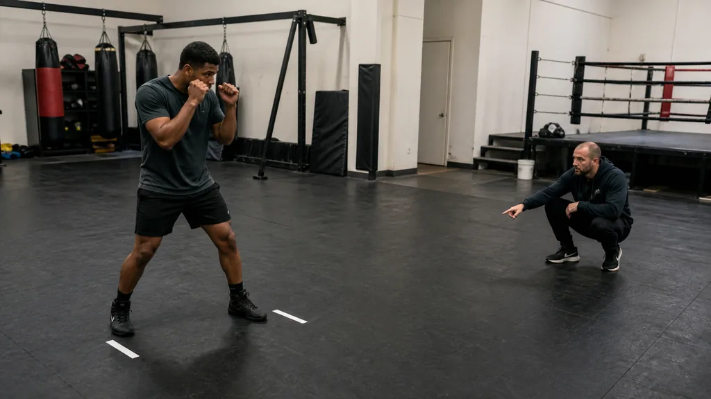 Adult boxer rehearsing a compact angle step beside floor markers while a coach checks foot position