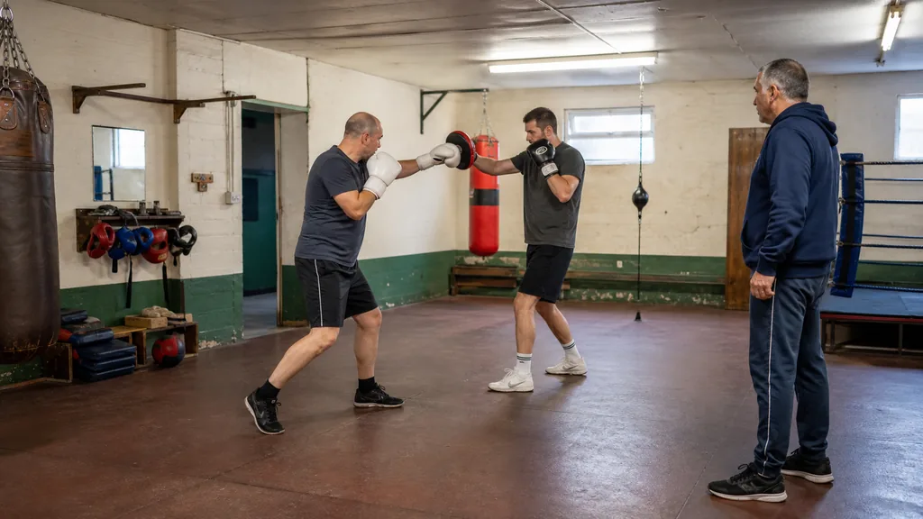 Two adult boxers practising a controlled distance drill while a coach watches