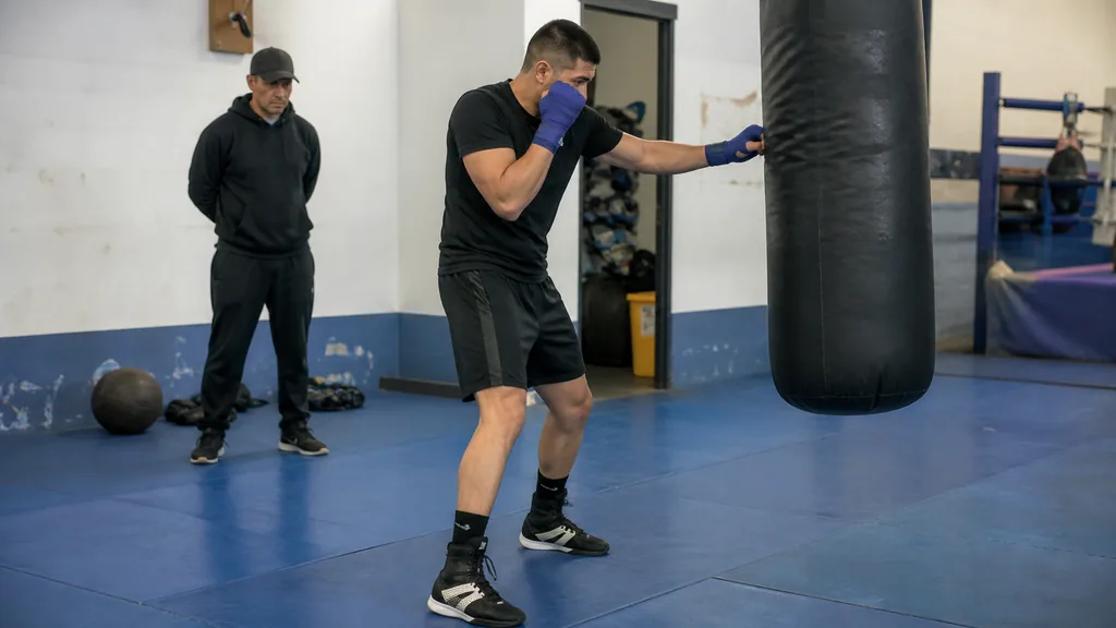 Adult boxer using a compact diagonal step to work a heavy bag while a coach watches