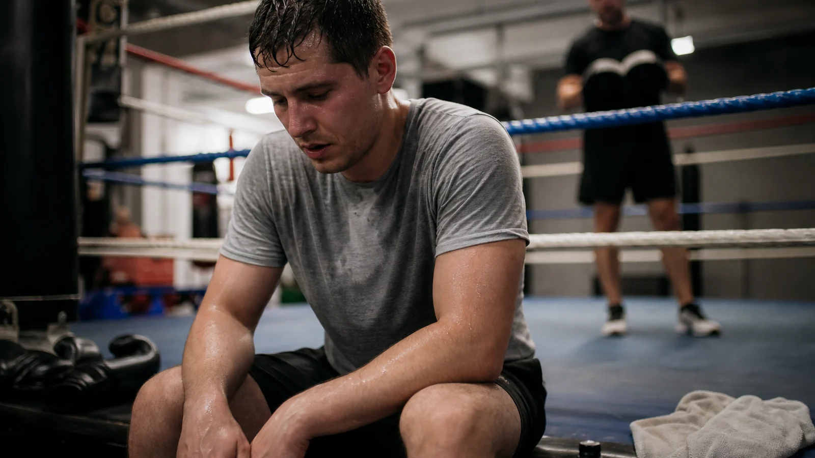 Adult beginner boxer tired but focused after padwork