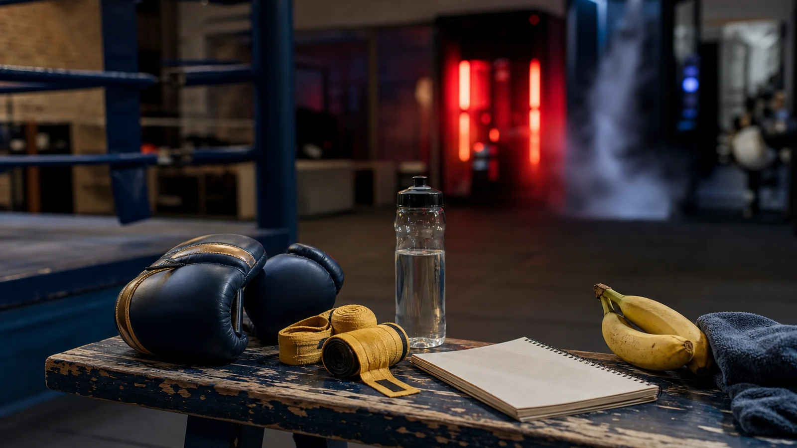 Training basics on a gym bench with recovery gadgets blurred behind