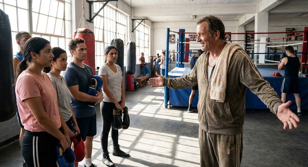 Boxing coach welcoming new students at start of term, gym setting