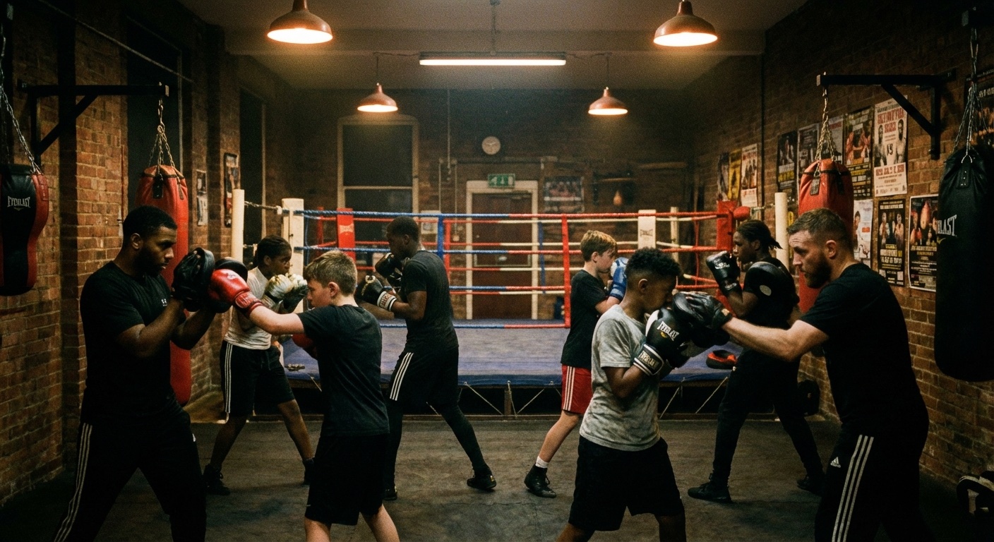 Youth boxing class with coaches and young boxers