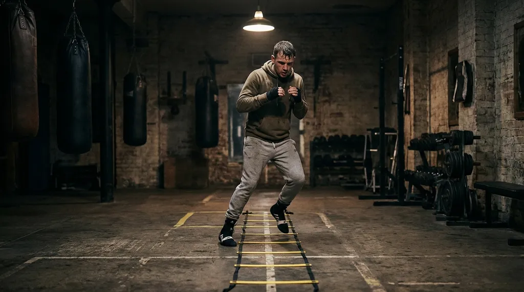 Agility ladder footwork drill set up for home boxing movement work