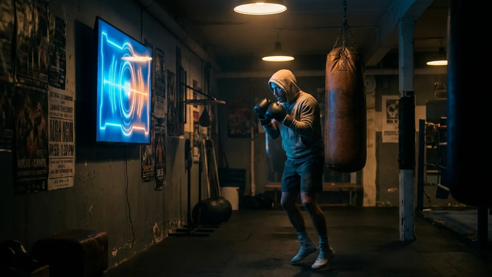 A PS5 controller and hand wraps on a bench beside a heavy bag