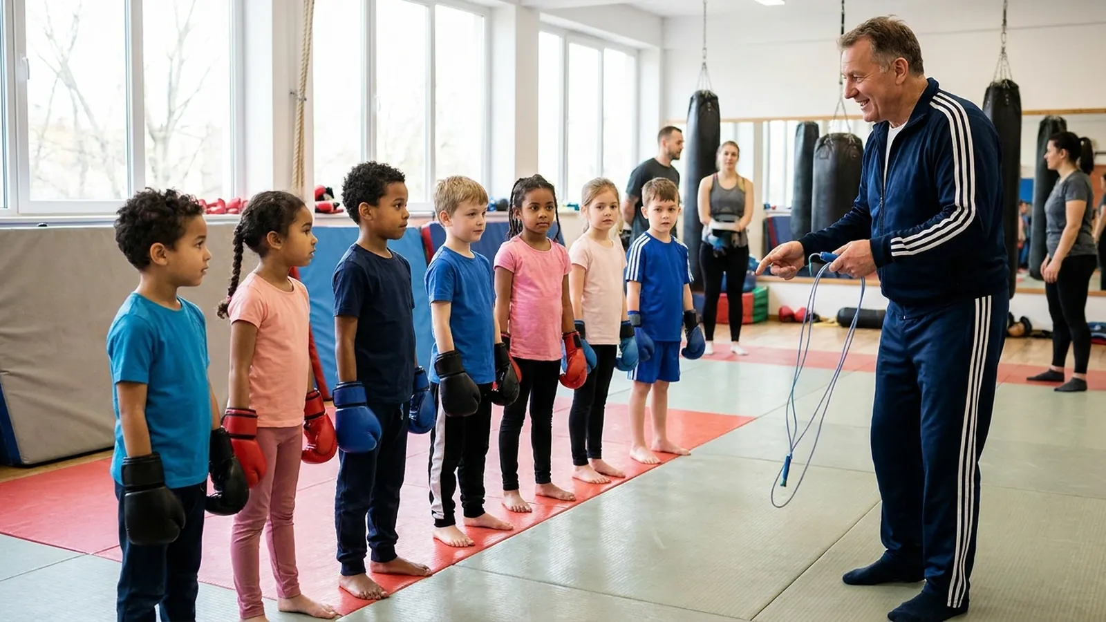 A coach grins while junior boxers listen during a fun warm-up drill