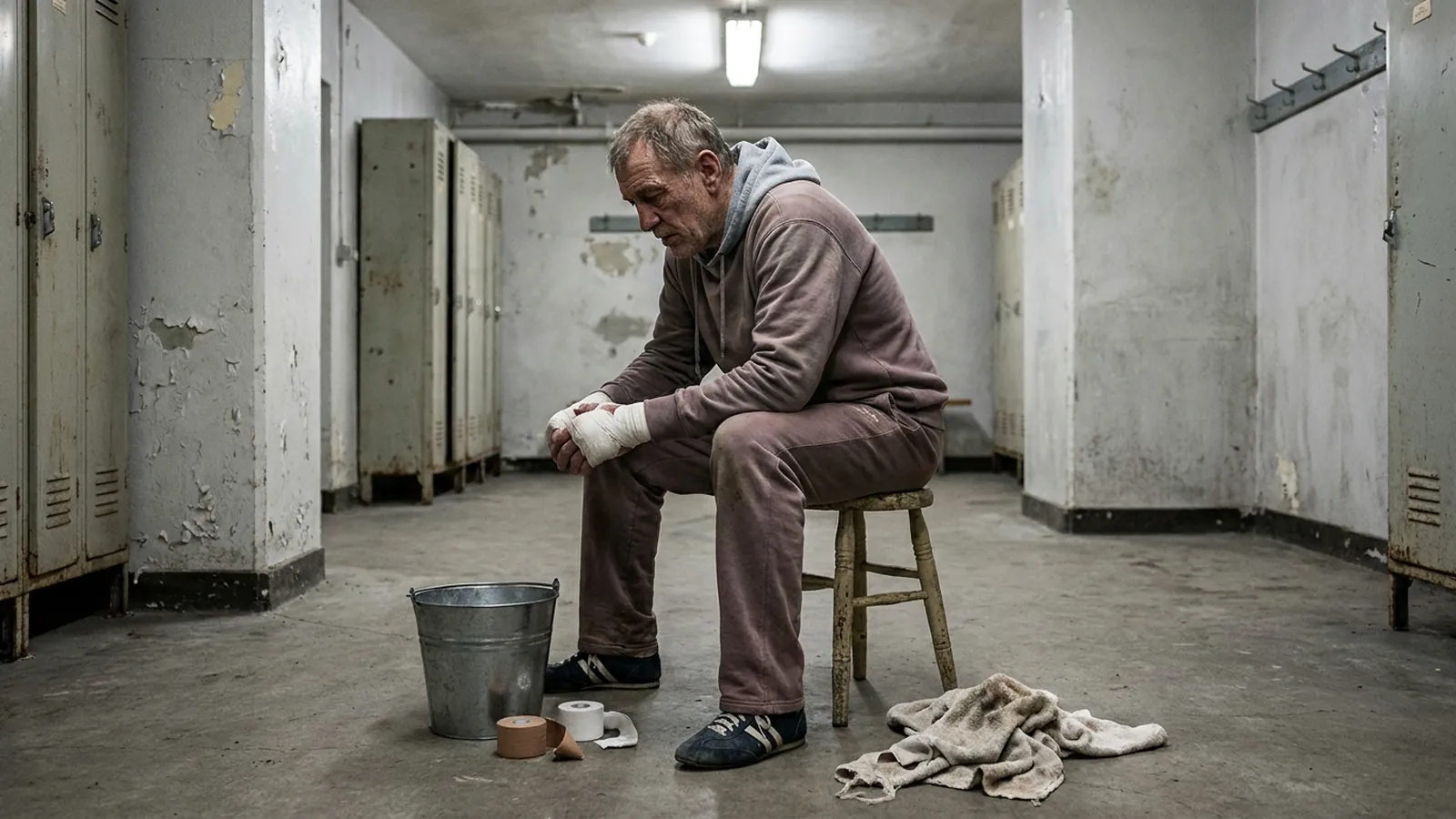A seasoned away fighter tapes his hands alone in a small changing room