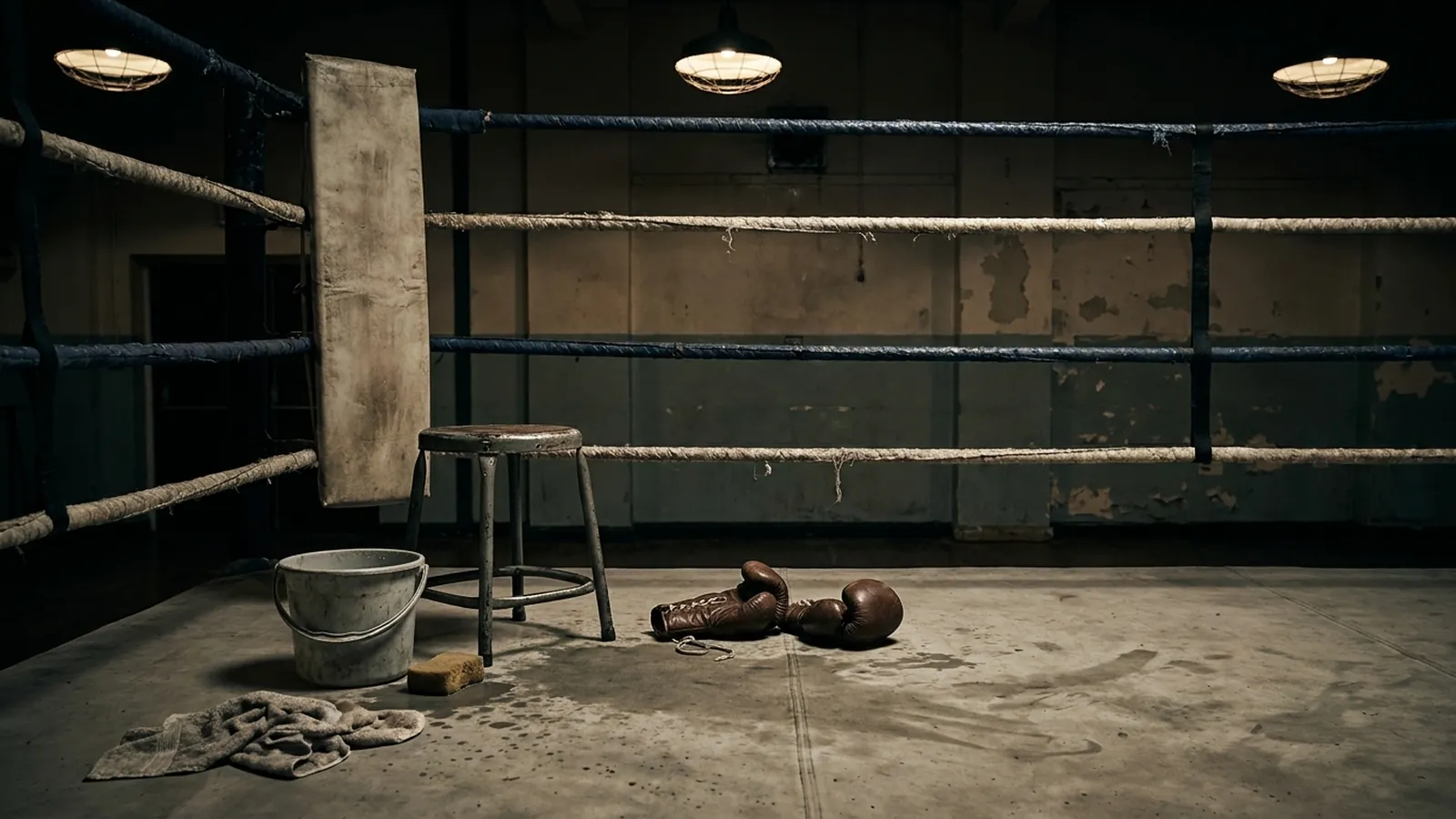 An away-corner stool and bucket under harsh hall lighting after a hard six rounds