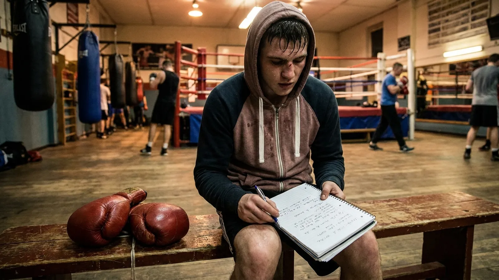 A young boxer studies film on a laptop beside gloves and a notebook after training