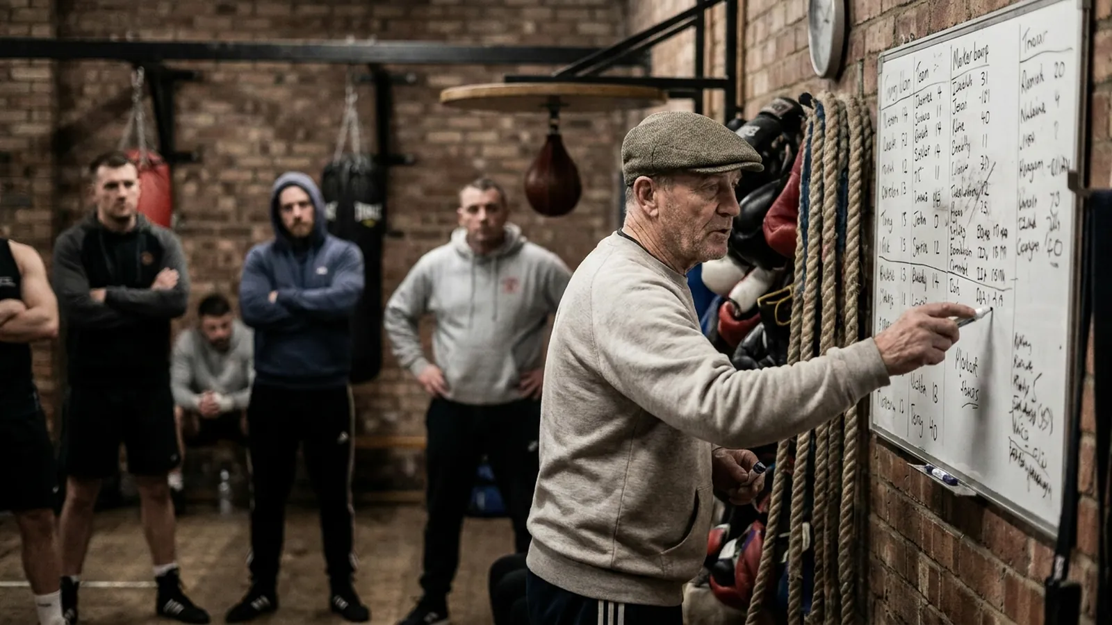 A coach points at names and weights on a whiteboard before a sparring session