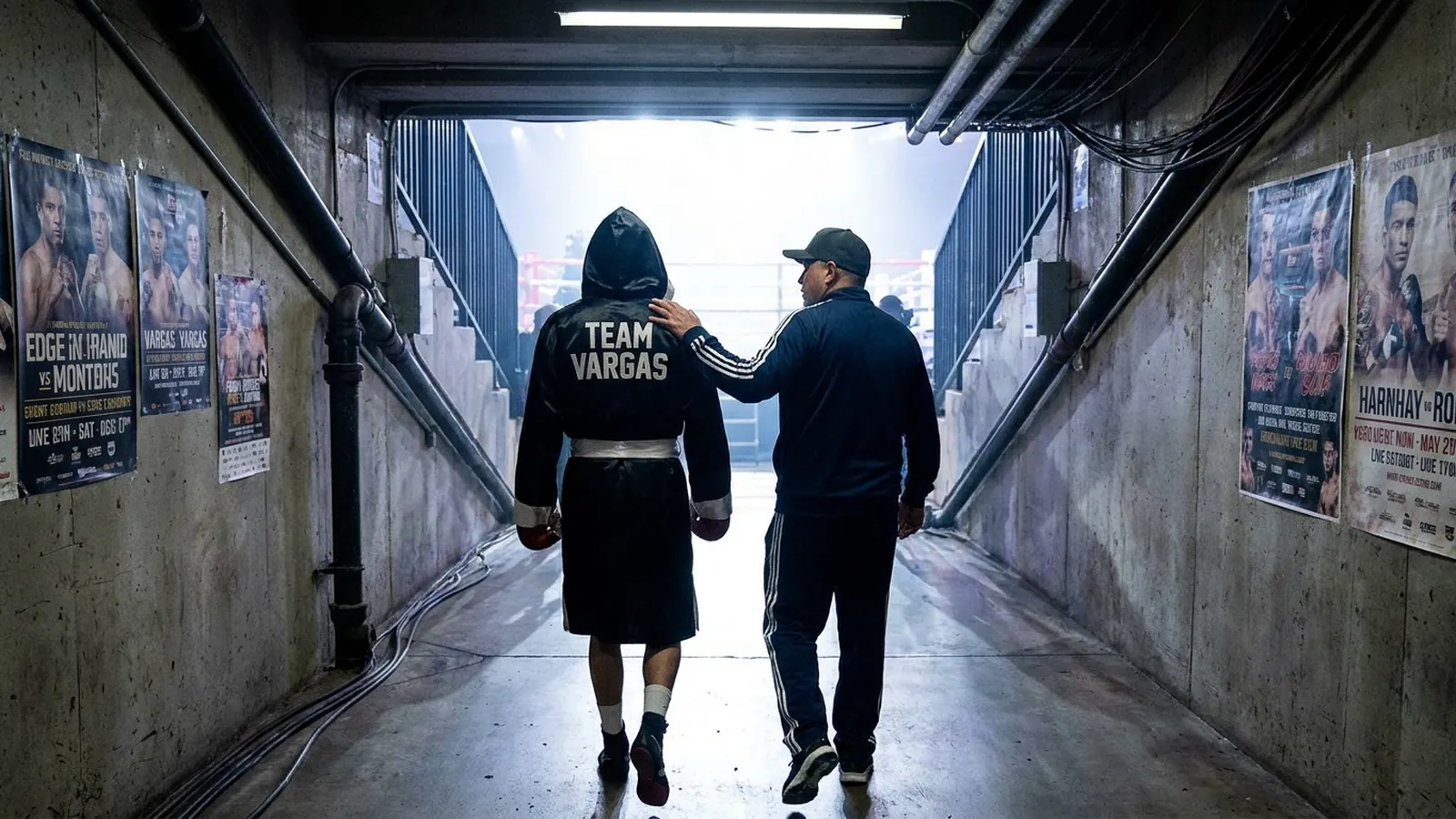 A boxer waits in the tunnel with gloves laced and arena lights ahead