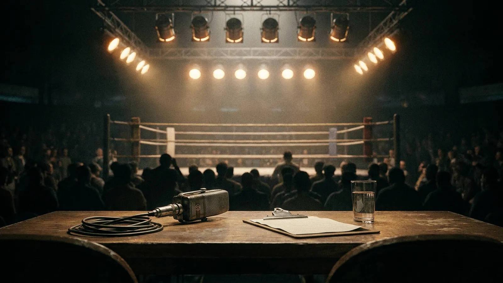 An old-school ringside table and microphone moments before ring introductions