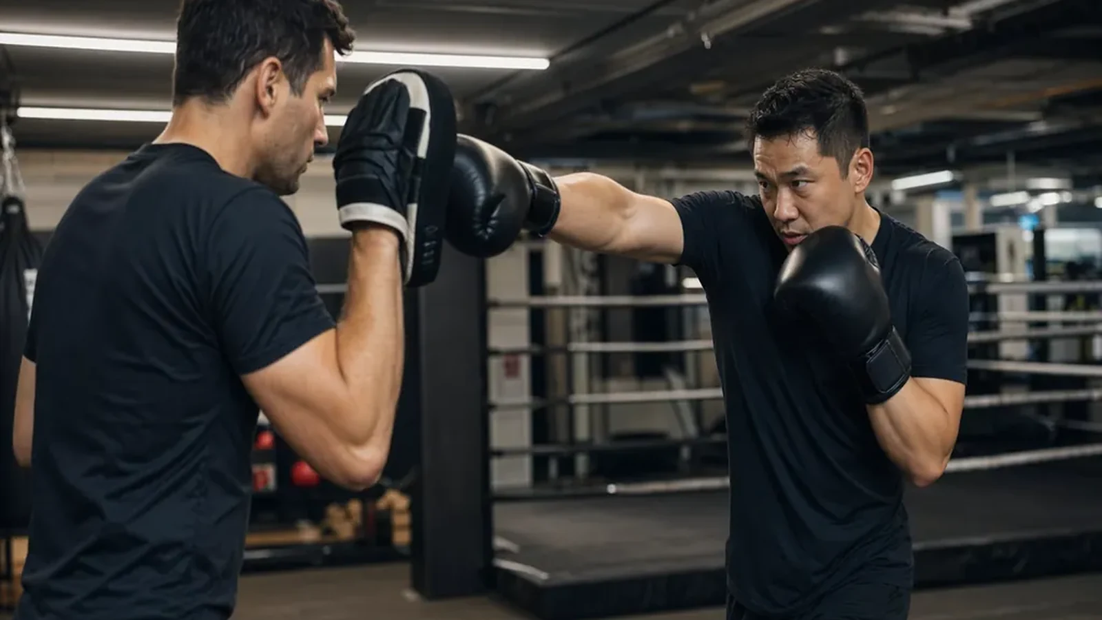Focused office worker doing padwork with a coach in an evening boxing class
