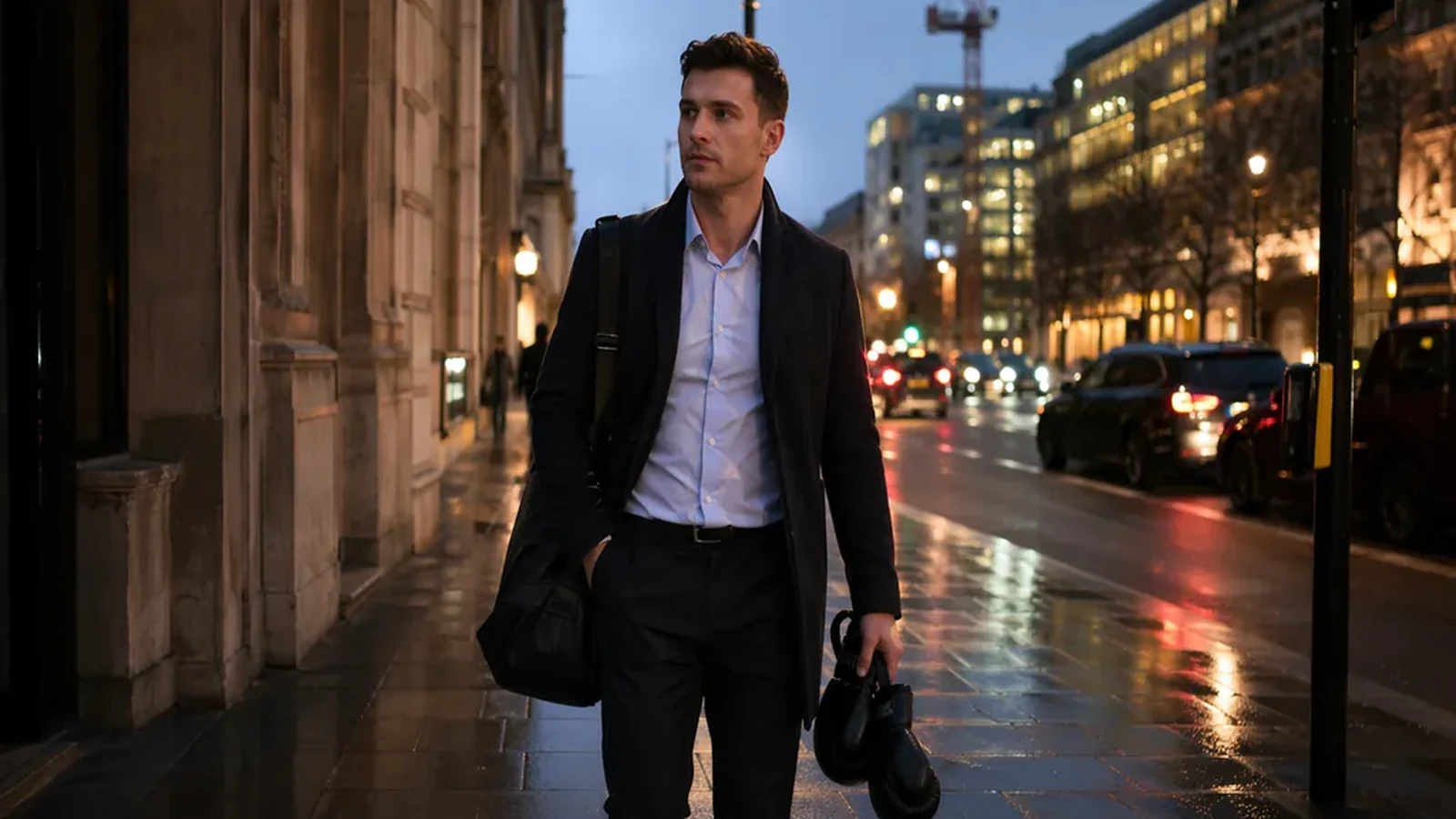 Accountant walking home at dusk with boxing gloves and a gym bag after training
