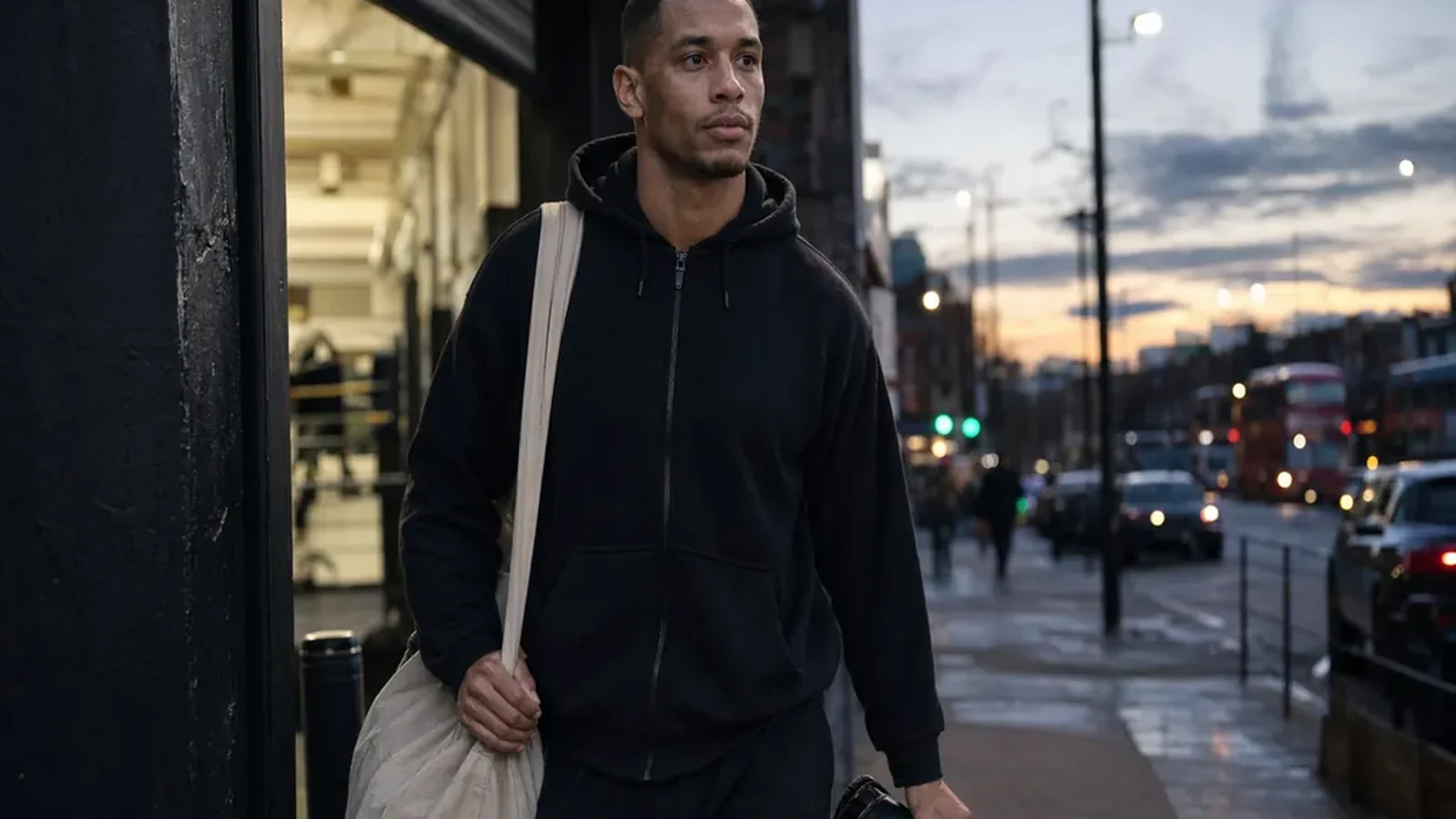Performer leaving a boxing gym at dusk with gloves and a plain kit bag