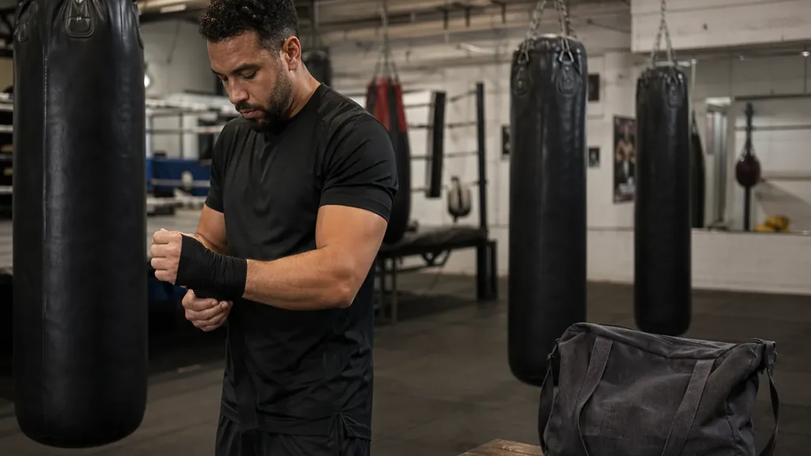 Care worker with a plain work bag wrapping hands before a boxing session