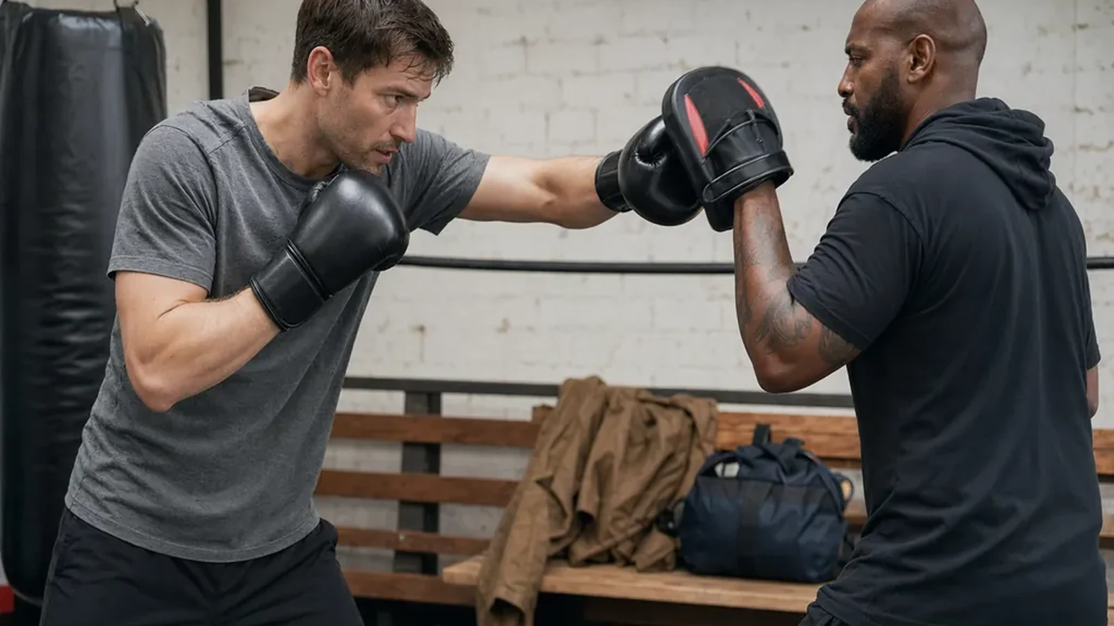 Adult beginner doing controlled boxing padwork with a coach
