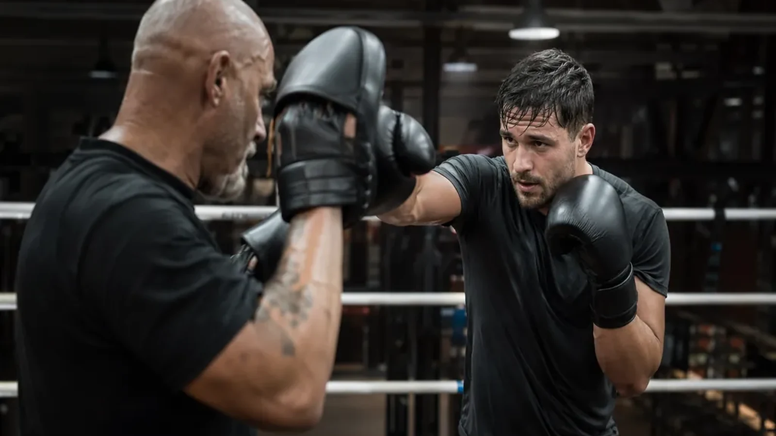 Focused boxer doing padwork with a coach after work in a realistic evening gym scene