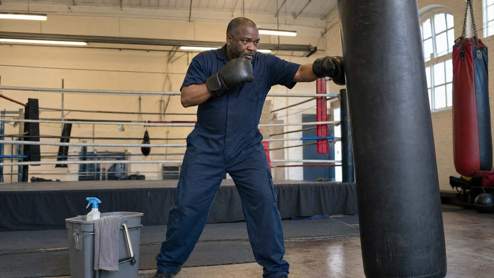 Cleaner practising beginner bag work beside cleaning kit in a boxing gym