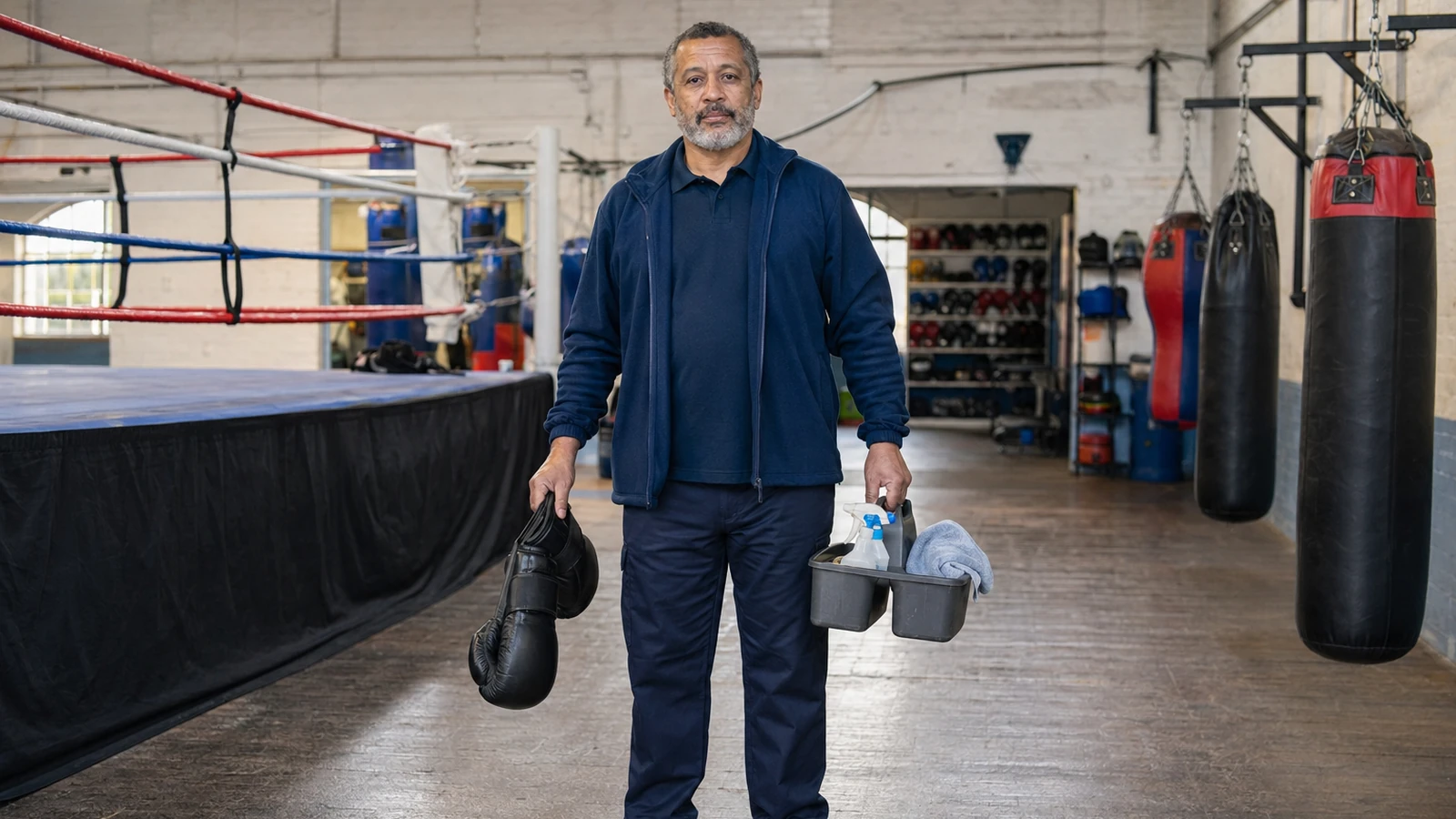 Cleaner leaving boxing training with gloves and a cleaning caddy