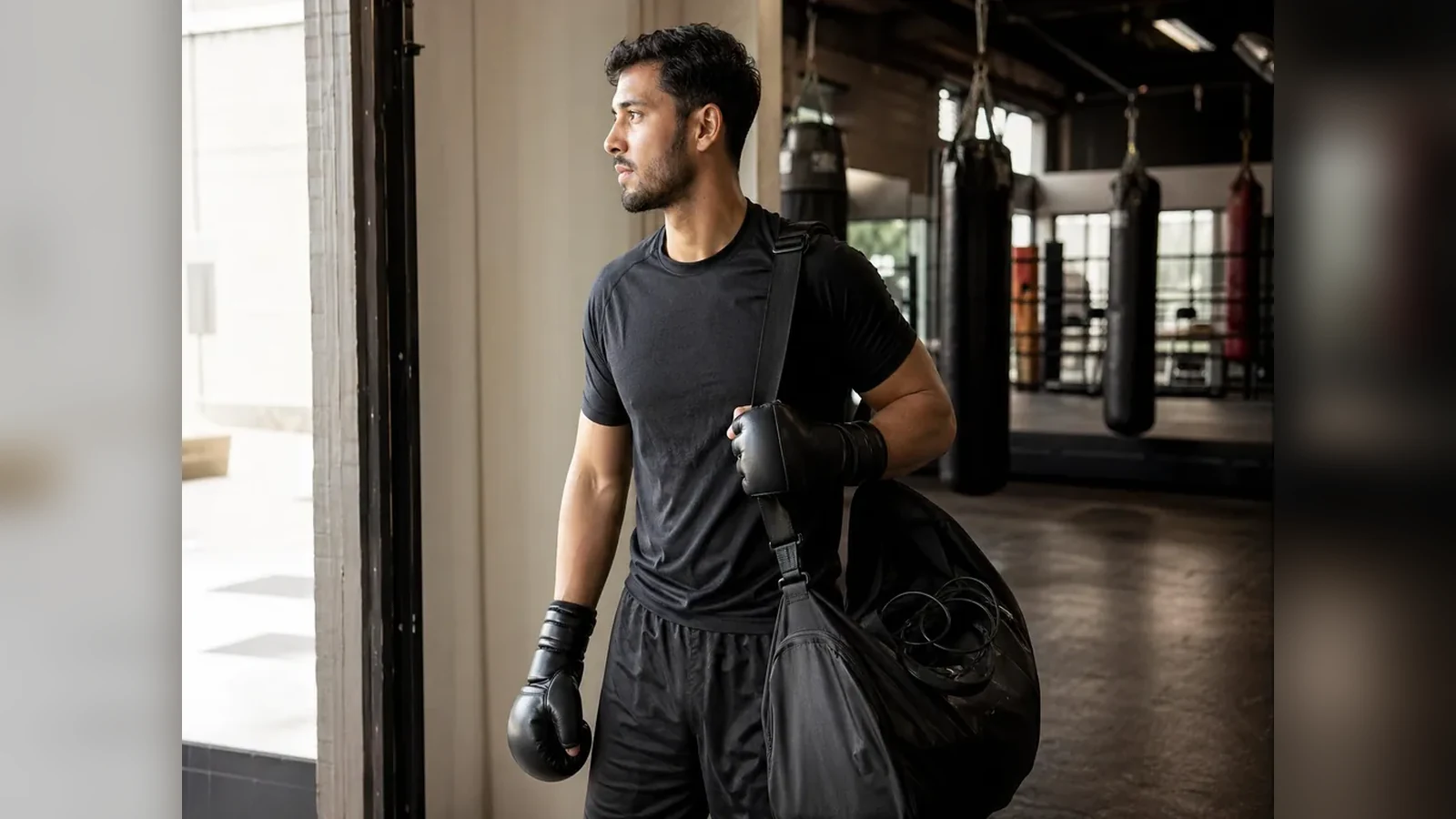 Adult boxer leaving a gym after training with gloves and a plain work bag