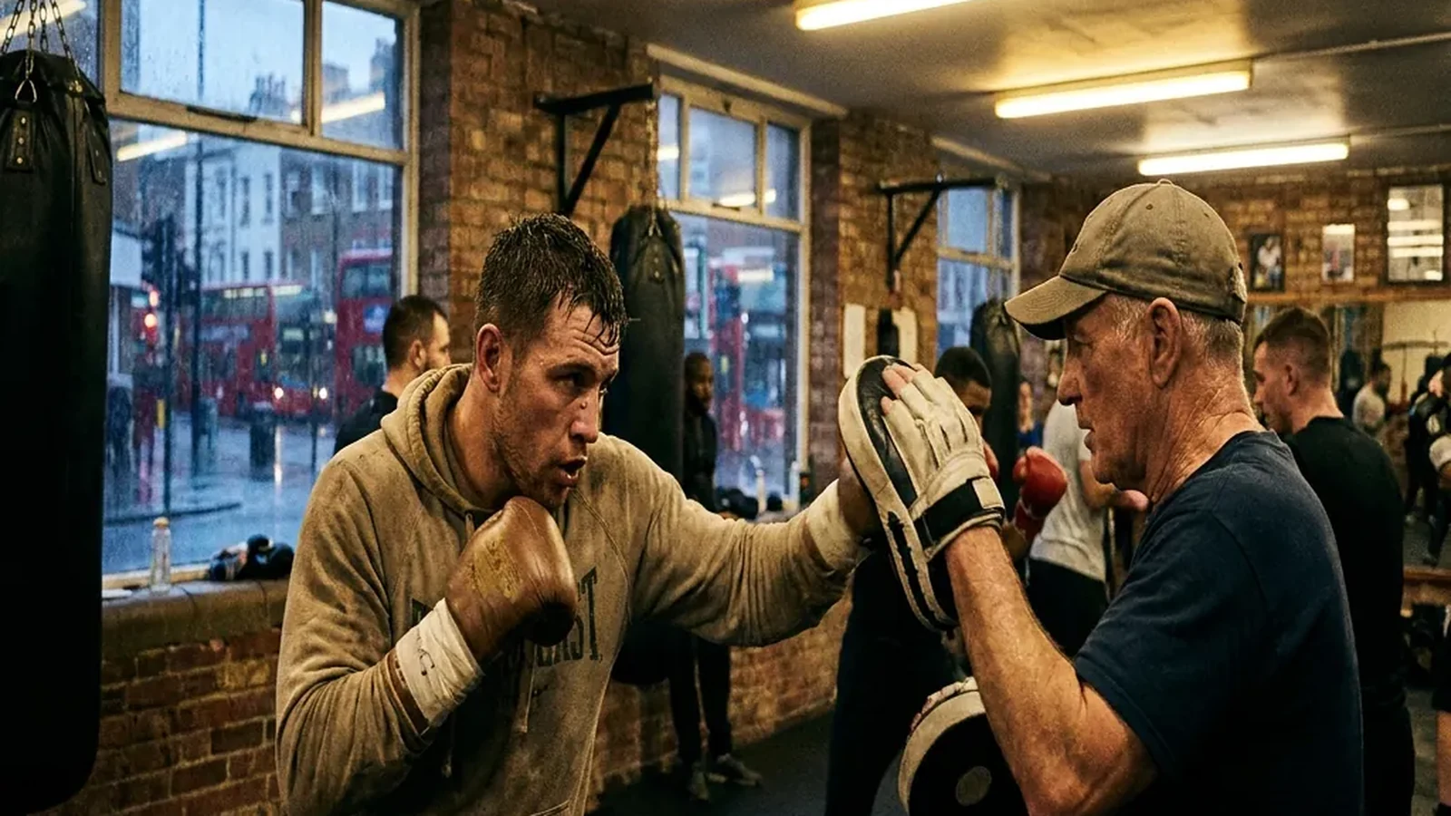 Boxer in a grey hoodie doing focused pad work with a coach during evening training