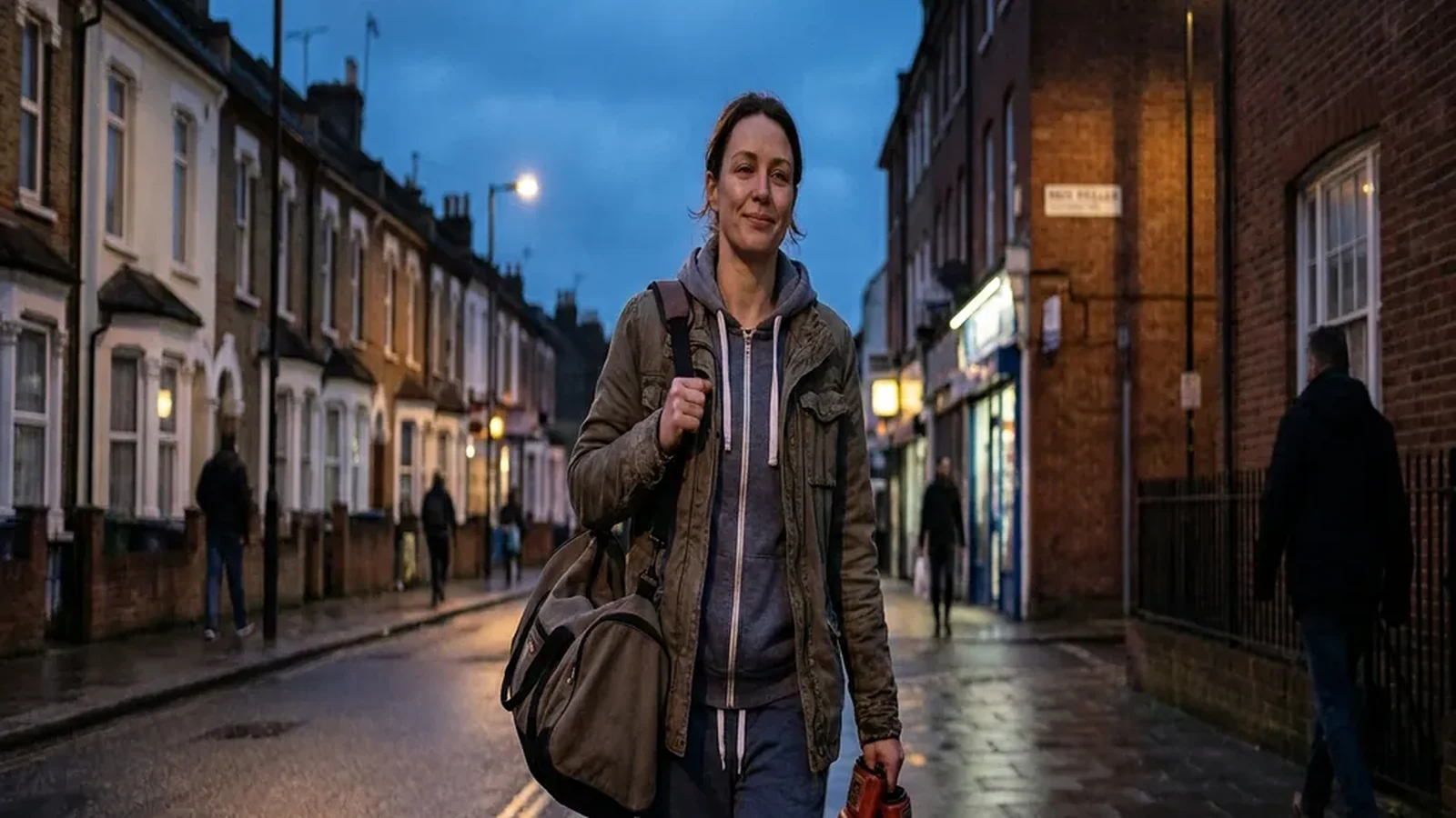 Woman walking home with boxing gloves after evening training in city dusk
