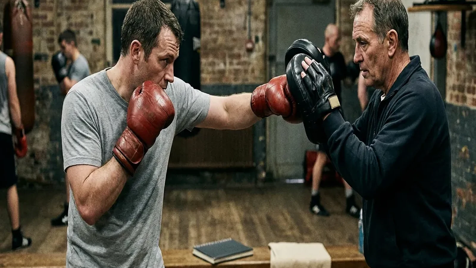 Adult beginner doing controlled boxing padwork with a coach