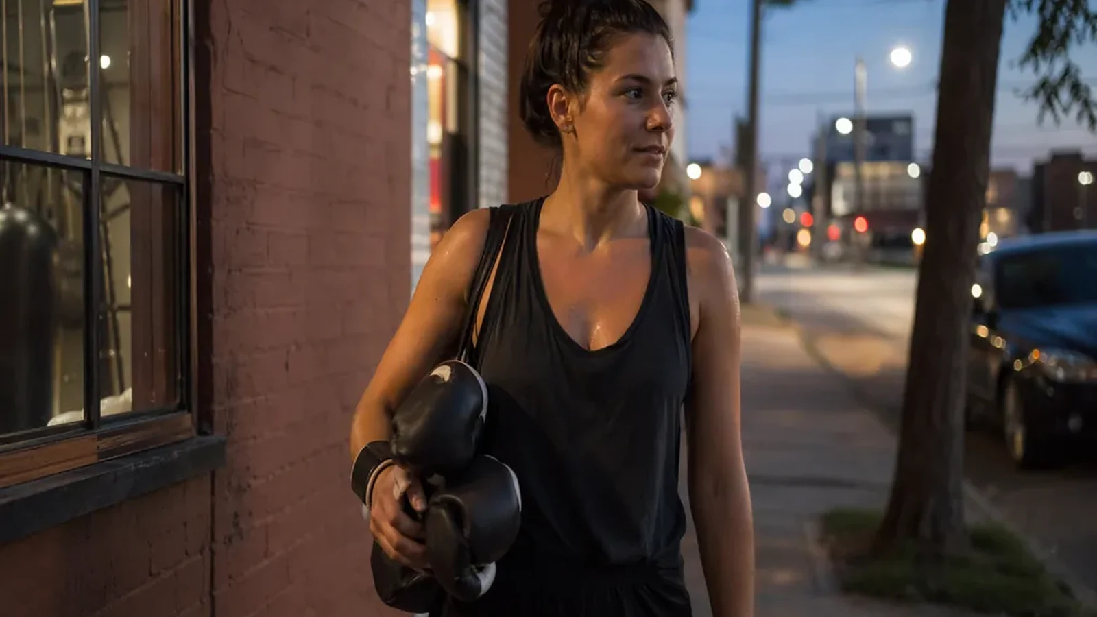 Woman carrying boxing gloves home after evening training at dusk