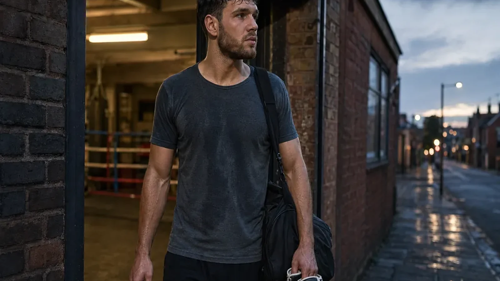 Adult boxer leaving a gym at dusk with gloves and a plain work bag