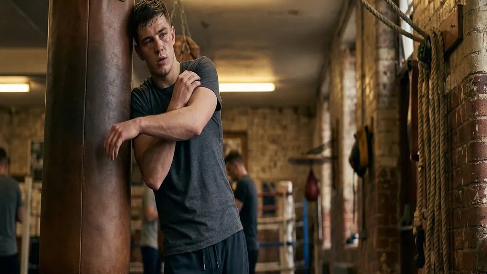 Consultant-looking man in office wear loosening his tie before boxing training near heavy bags