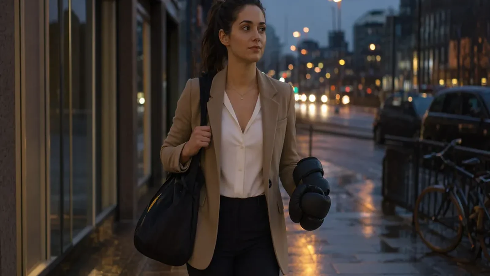 Woman in business-casual clothing walking home at dusk with boxing gloves and a gym bag after training