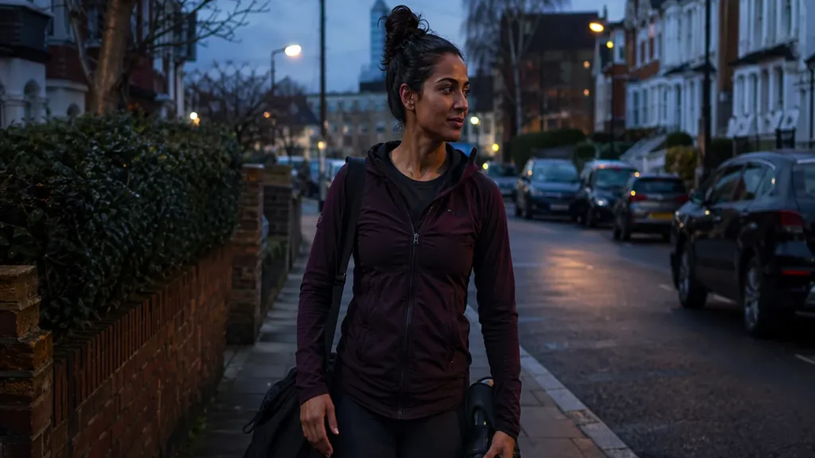 Woman walking home with boxing gloves after evening training in city dusk