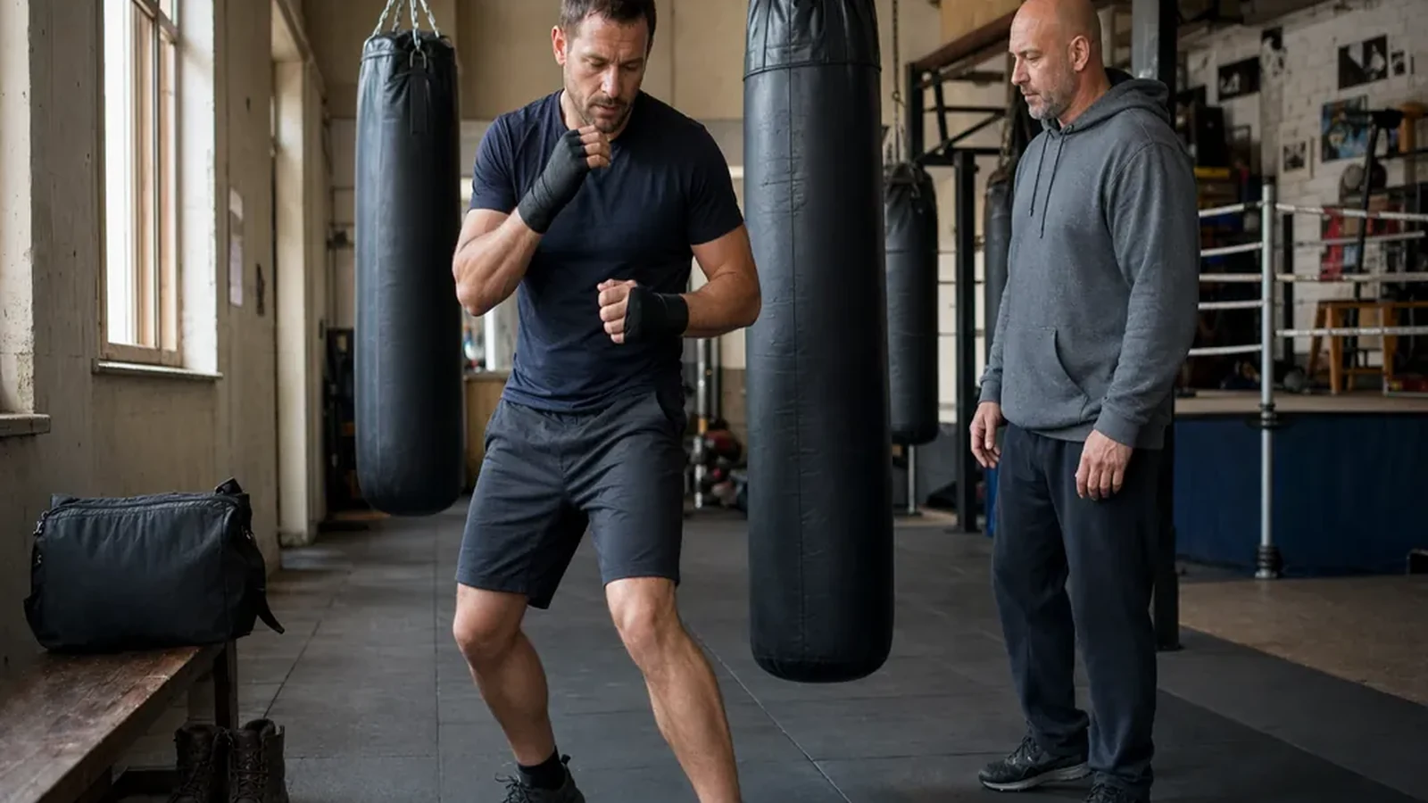 Adult beginner practising boxing footwork with a coach in a gym