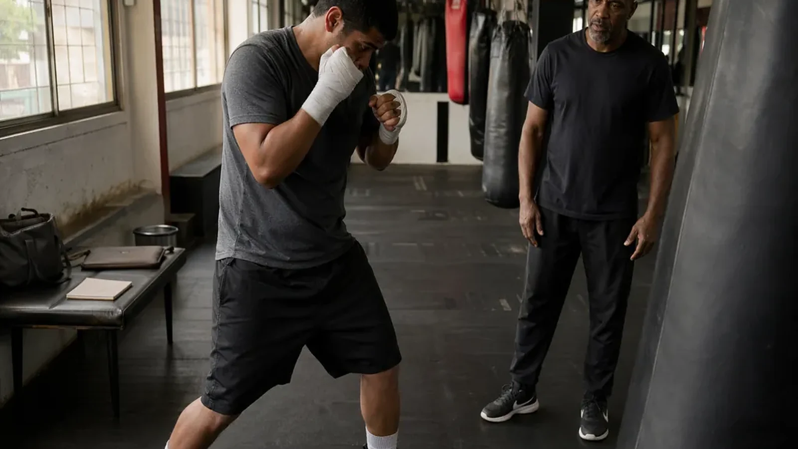 Adult beginner practising boxing footwork with a coach in a gym