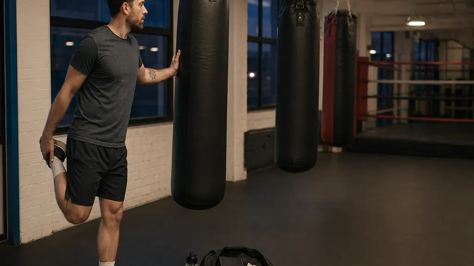 Adult beginner warming up in a boxing gym beside a plain kit bag