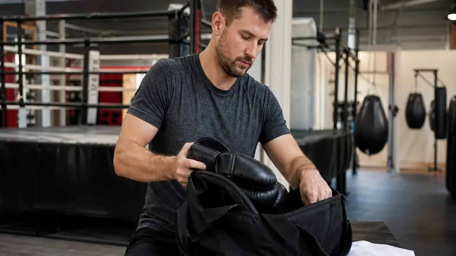 Adult boxer leaving a gym after training with gloves and a plain work bag