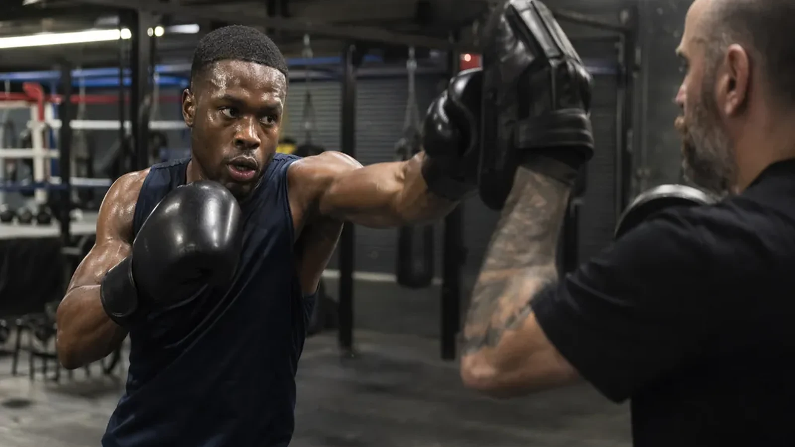 Boxer in a dark sleeveless top working pads with a coach during evening training