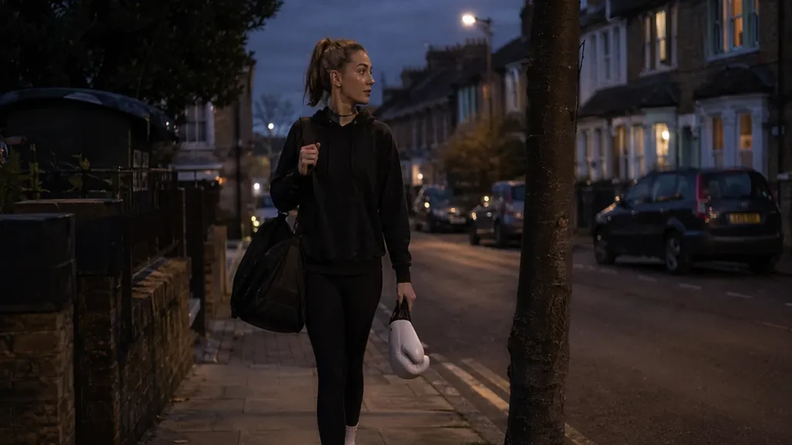 Woman walking home with a gym bag and white boxing gloves through a residential street at dusk