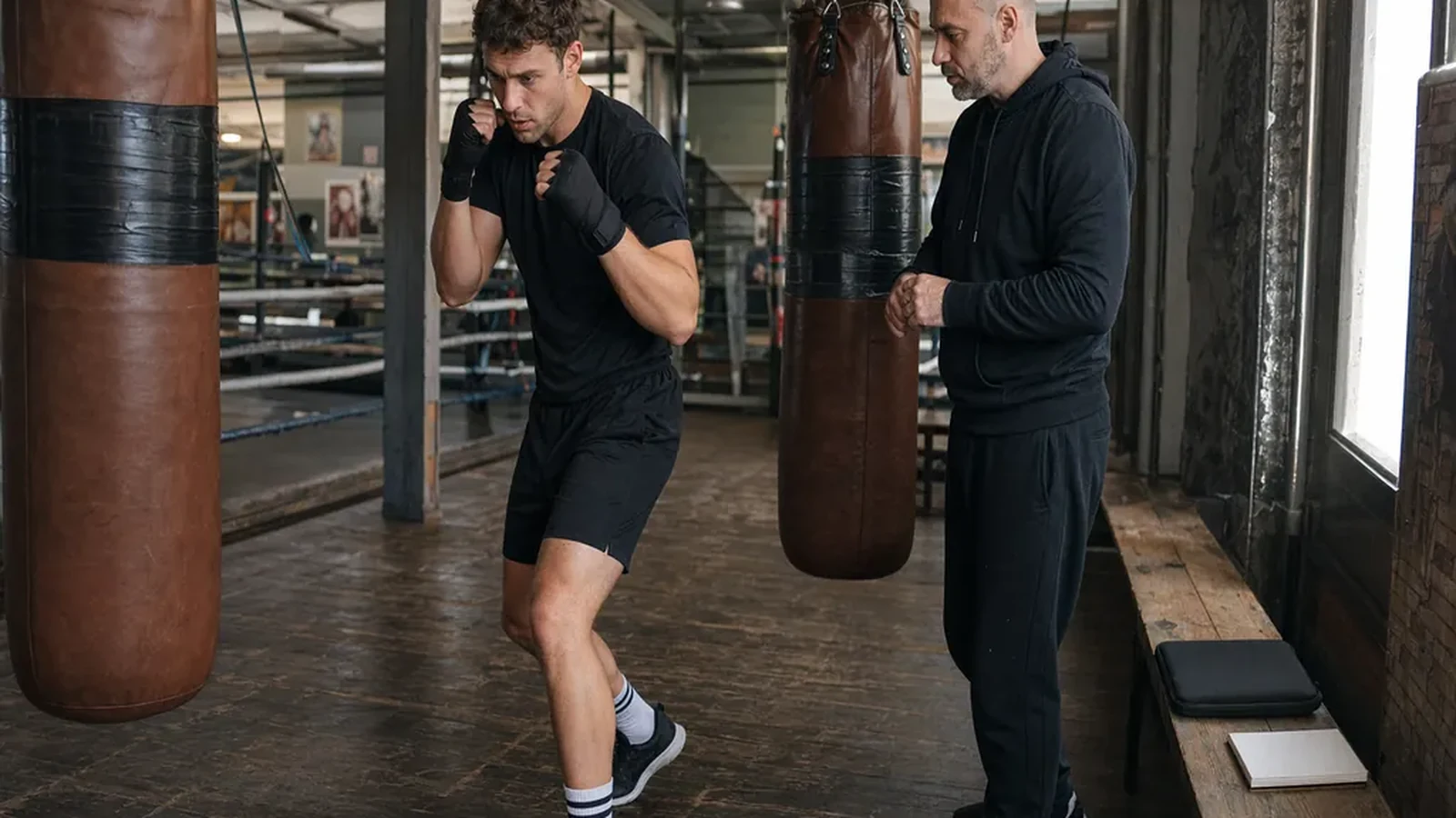 Adult beginner practising boxing footwork with a coach in a gym