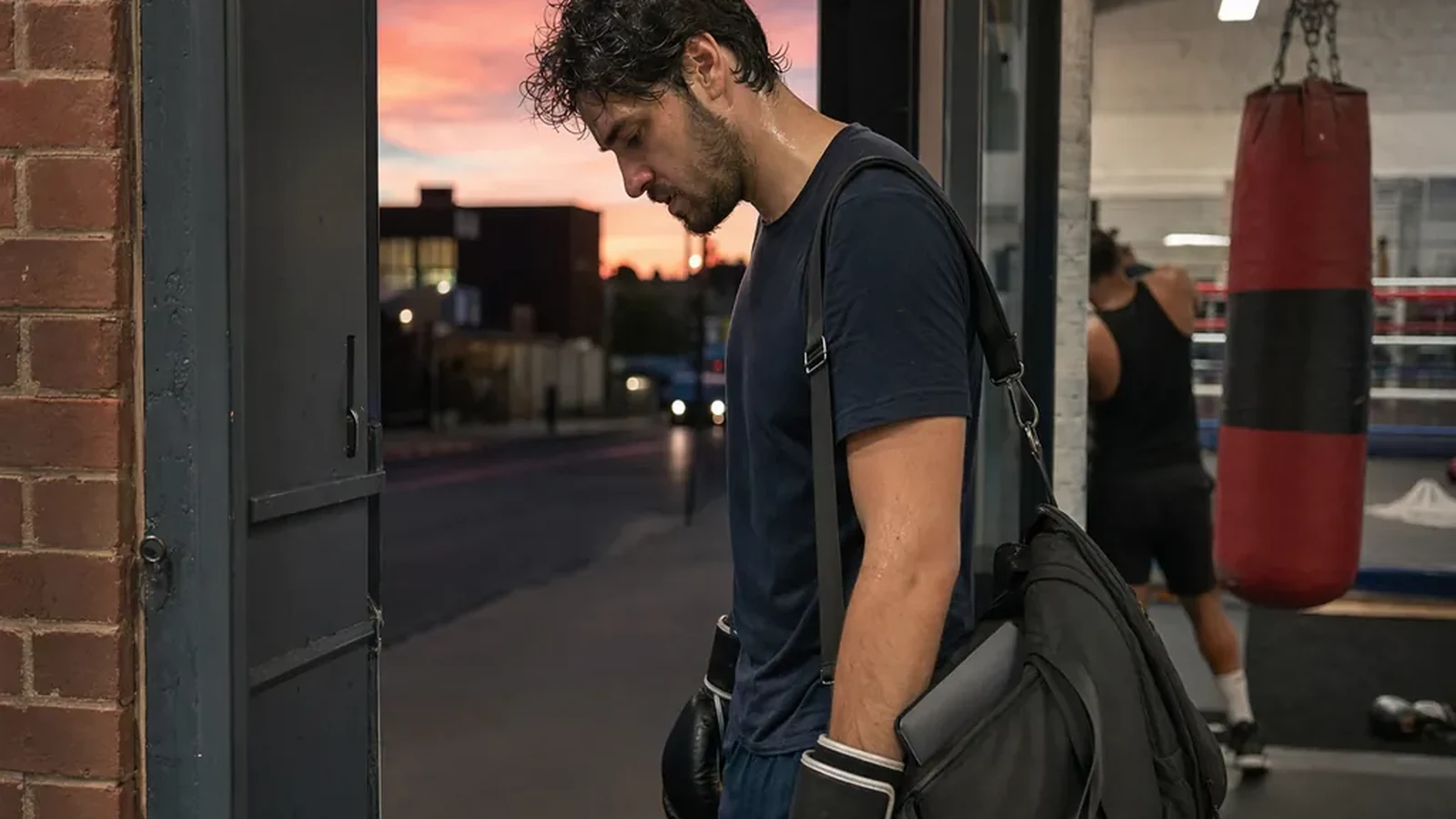 Adult boxer leaving a gym after training with gloves and a work bag