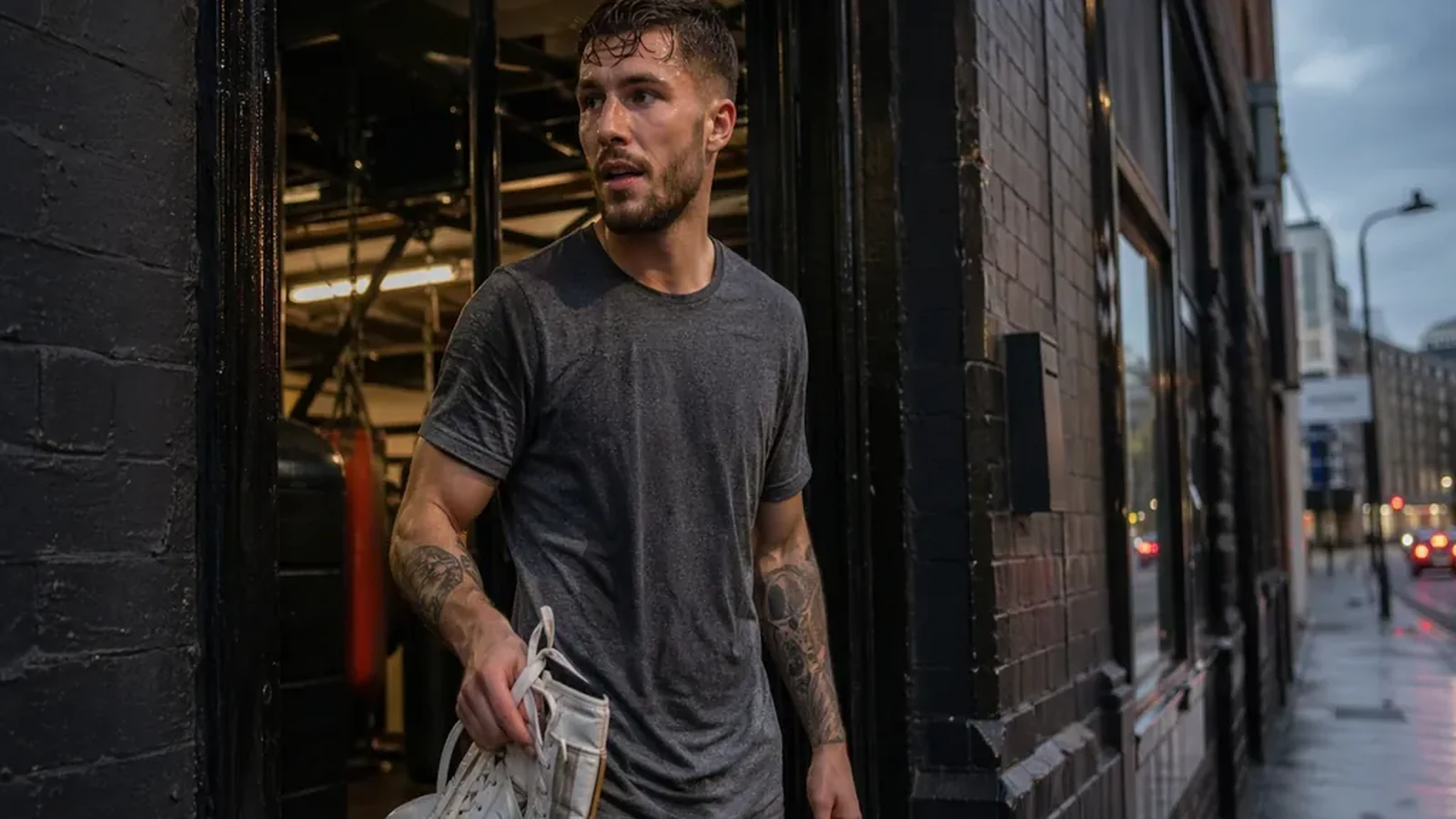 Boxer standing in a gym doorway at dusk holding white gloves after training