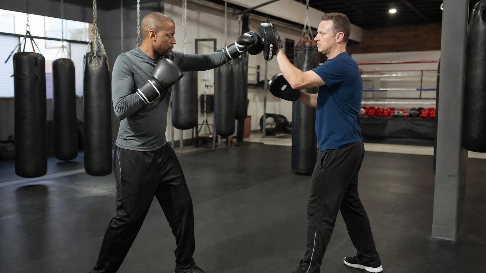 Adult beginner doing controlled boxing padwork with a coach