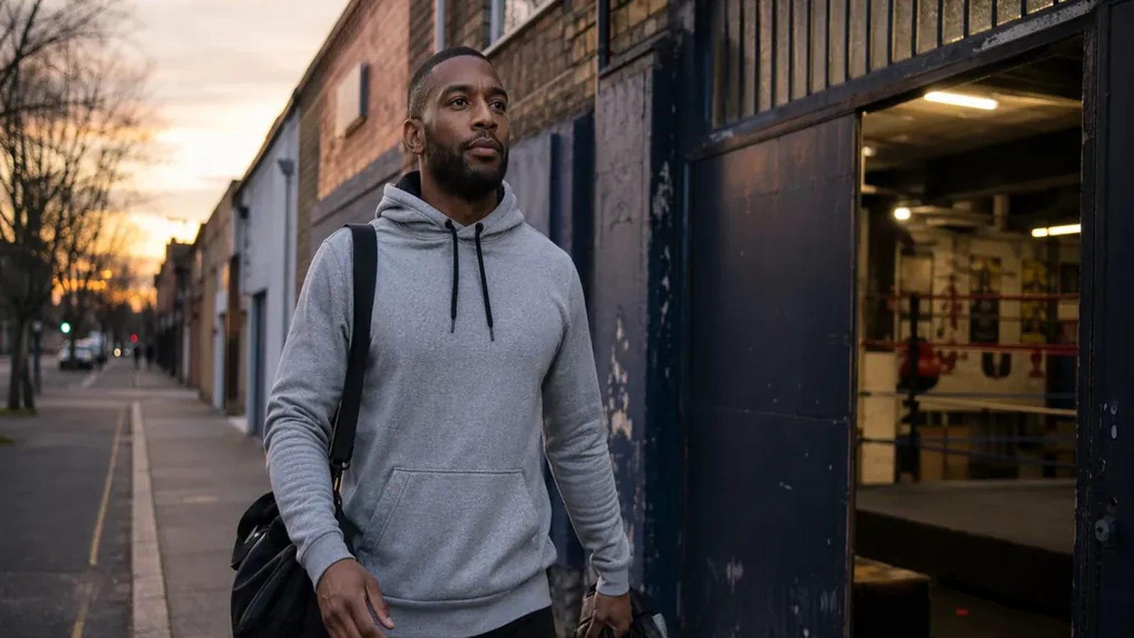 Recruiter leaving a boxing gym at dusk with gloves and a plain work bag